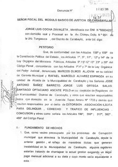 Folios 1/3 carabayllo.net denuncia al alcalde rafael alvarez
