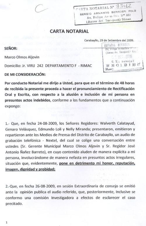 Carta Notarial del regidor Ortega. carabayllo.net regidor jorge ortega